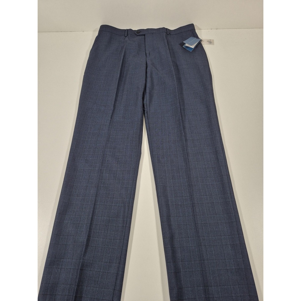 Leonardo Valenti Dress Pants Mens 40x36 Blue Wool Plaid Flat Front Classic NWT